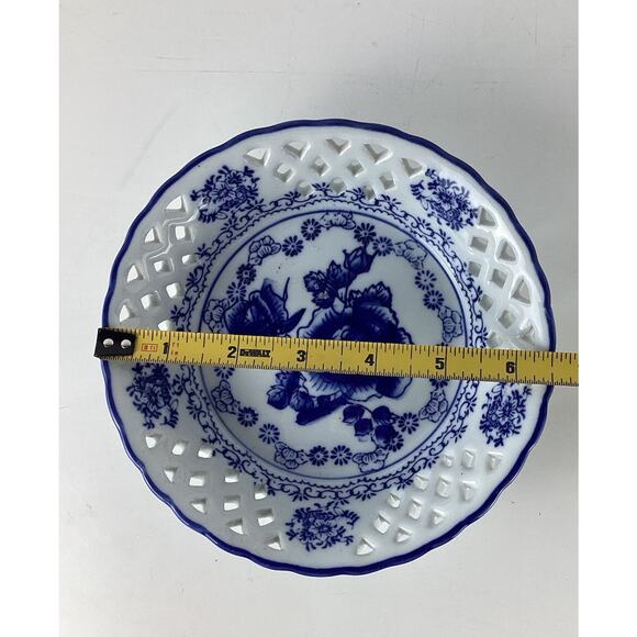Blue White Rose Dish Open Lattice Ceramic Candy Dish Porcelain 6.5” - Picture 2 of 5